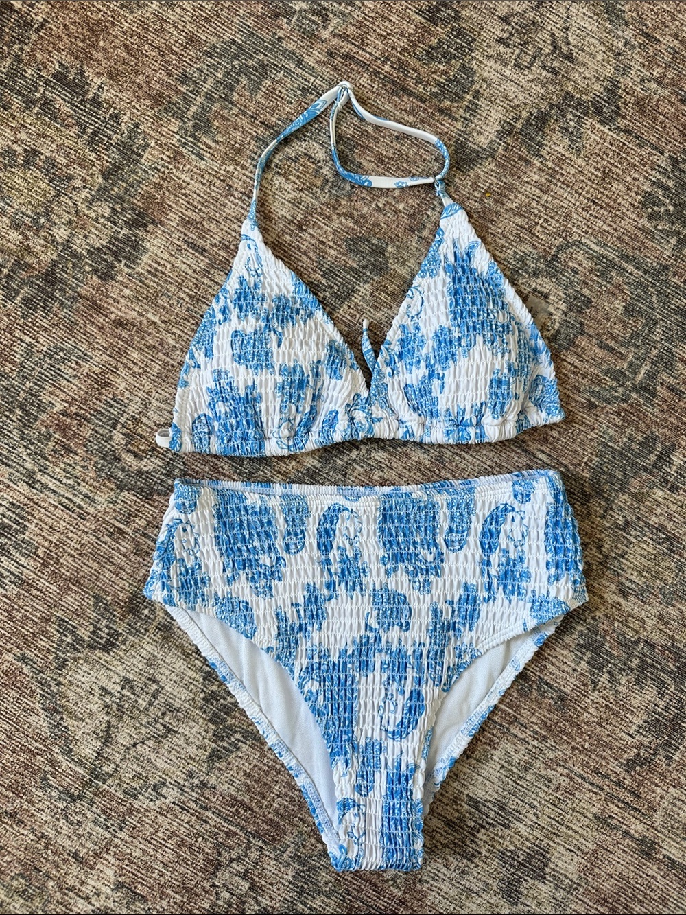 Blue & White Smocked High WaistTwo-Piece Bikini